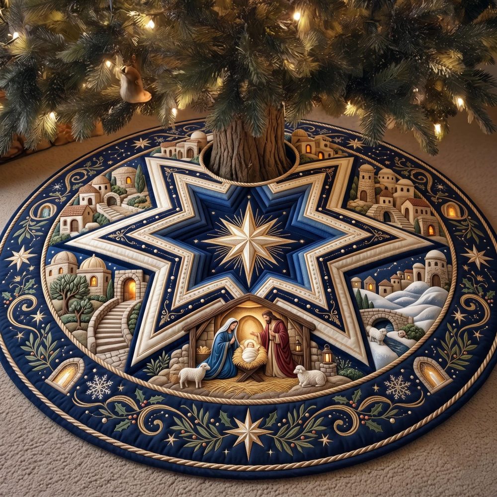 Star Nativity Christmas Tree Skirt - Custom Bright Star-Themed Nativity Skirt With Radiant Embellishments, Handmade Holiday Centerpiece
