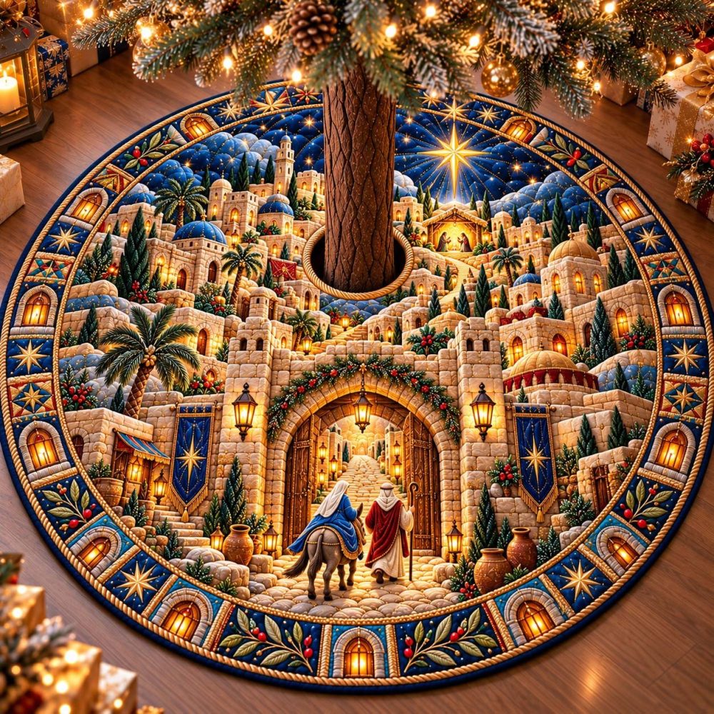 Guiding Star Nativity Christmas Tree Skirt — Handcrafted Star Of Nativity Holiday Skirt, Soft Fabrics & Custom Sizes