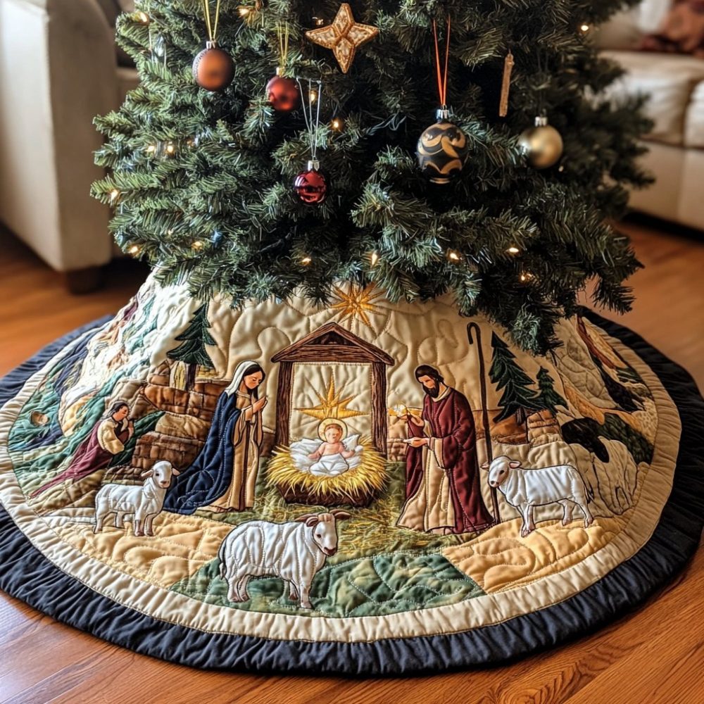 Nativity In The Star-Lit Stable Tree Skirt — Handcrafted Scene Base Cover With Detailed Embroidery For Traditional Christmas Settings