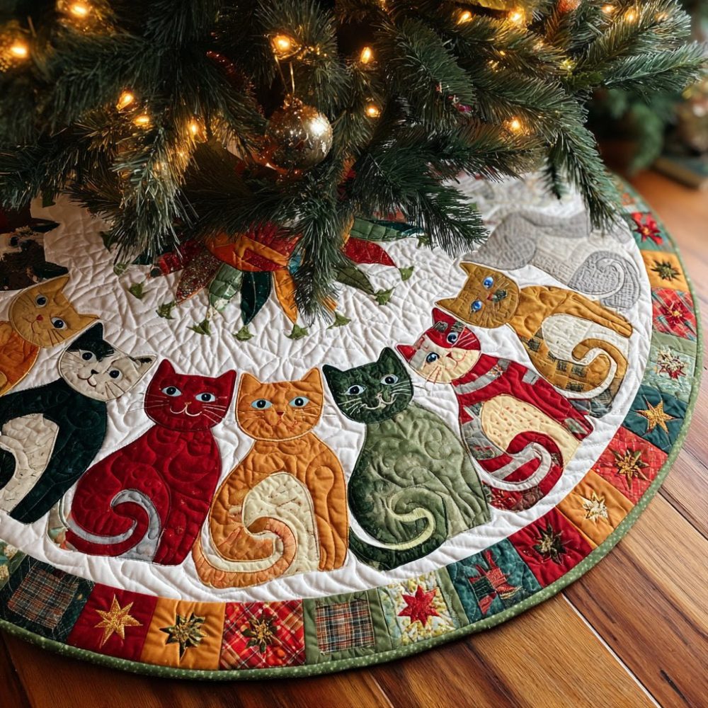 Starfall Cat-Themed Custom Tree Skirt — Whimsical Star & Kitty Holiday Base Cover, Handmade For Unique Christmas Décor