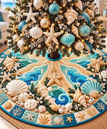 Made-To-Order Starfish Coastal Christmas Tree Skirt - Beach Holiday Tree Base, Nautical Seaside Decor For Coastal Homes