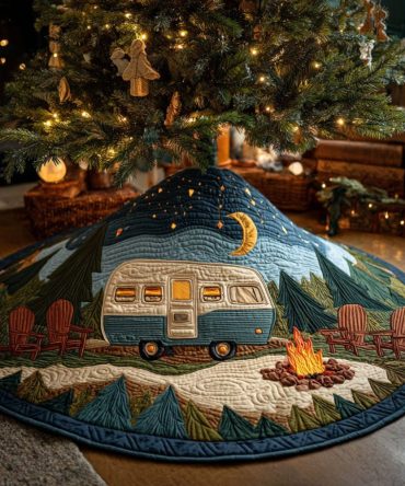 Starlight Camper Christmas Tree Skirt — Retro Camper & Star Holiday Skirt In Cozy Velvet, Custom Camping Theme, Made-To-Order, Personalize Name & Year, Fast Shipping