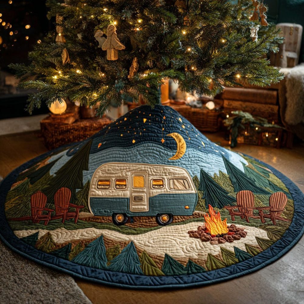 Starlight Camper Christmas Tree Skirt — Retro Camper & Star Holiday Skirt In Cozy Velvet, Custom Camping Theme, Made-To-Order, Personalize Name & Year, Fast Shipping