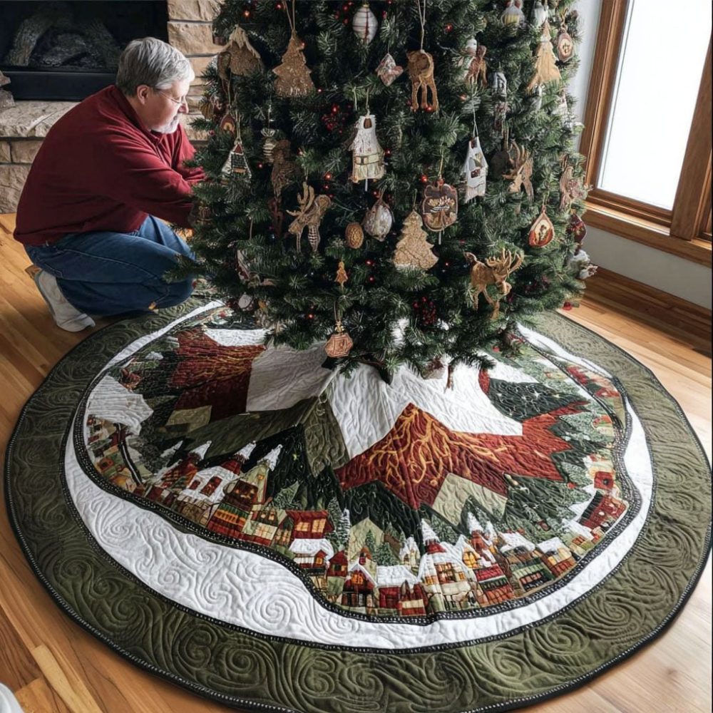 Starlight Village Christmas Tree Skirt — Charming Village Scene Velvet Skirt, Handcrafted Holiday Décor, Made-To-Order, Personalize Name & Year, Fast Shipping