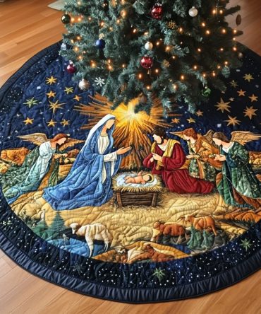 Starlit Birth Christmas Tree Skirt — Nativity Birth Scene Velvet Skirt, Elegant Religious Holiday Décor, Made-To-Order, Personalize Name & Year, Fast Shipping