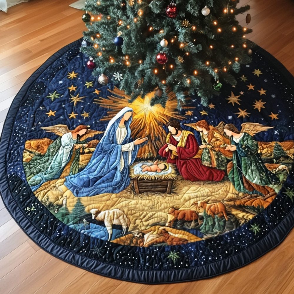 Starlit Birth Christmas Tree Skirt — Nativity Birth Scene Velvet Skirt, Elegant Religious Holiday Décor, Made-To-Order, Personalize Name & Year, Fast Shipping