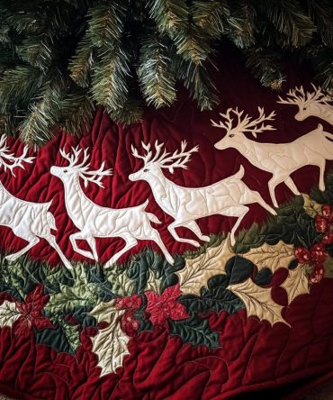 Starlit Stag Christmas Tree Skirt — Bold Stag Silhouette Velvet Tree Skirt, Custom Holiday Centerpiece, Made-To-Order, Personalize Name & Year, Fast Shipping