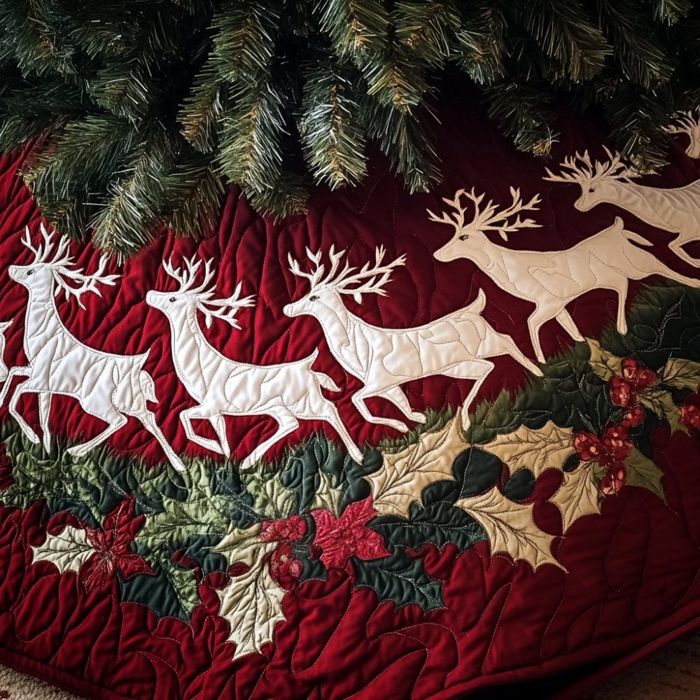 Starlit Stag Christmas Tree Skirt — Bold Stag Silhouette Velvet Tree Skirt, Custom Holiday Centerpiece, Made-To-Order, Personalize Name & Year, Fast Shipping