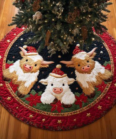 Starry Cow Night Christmas Tree Skirt — Farmhouse Cow Silhouette Velvet Tree Skirt, Custom Holiday Décor, Made-To-Order, Personalize Name & Year, Fast Shipping