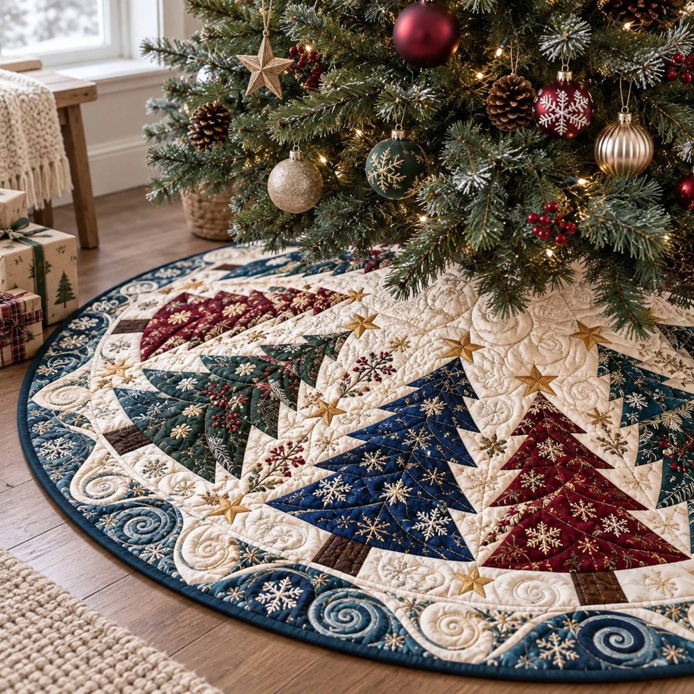 Starry Night Christmas Tree Skirt - Made-To-Order Elegant Star Motif, Premium Velvet Holiday Skirt With Gift Packaging Option
