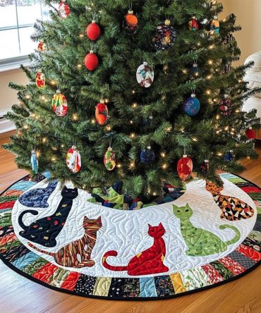 Stealthy Felines Holiday Tree Skirt — Cat-Themed Christmas Base Cover, Handmade Custom Pet Lover Festive Décor