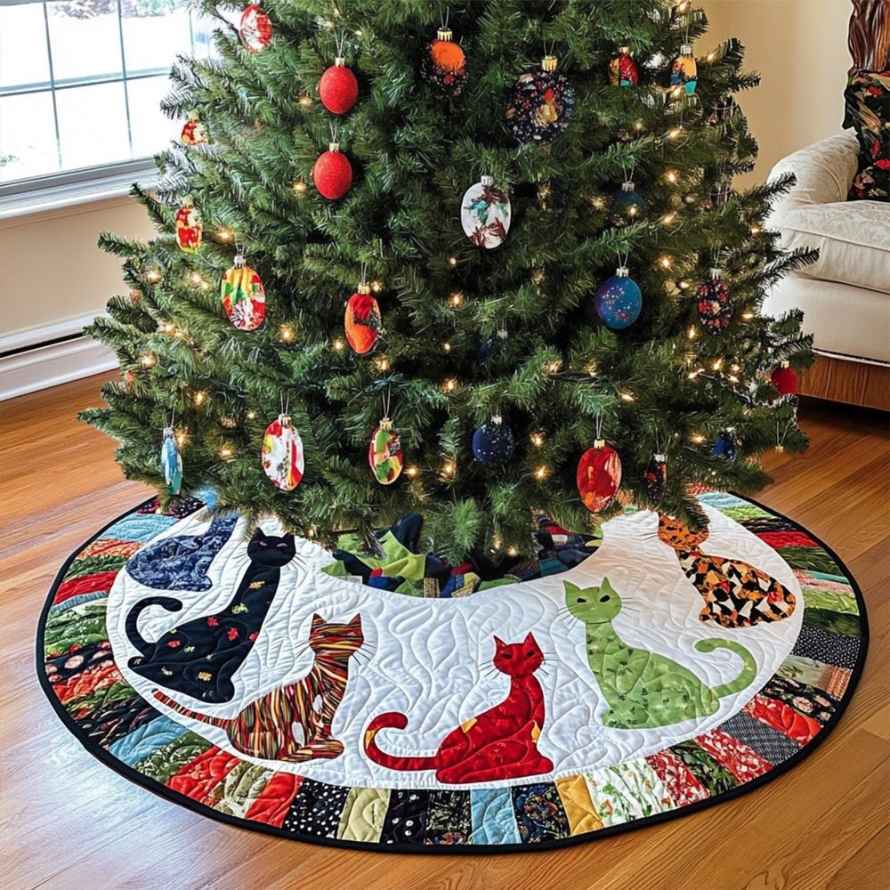 Stealthy Felines Holiday Tree Skirt — Cat-Themed Christmas Base Cover, Handmade Custom Pet Lover Festive Décor