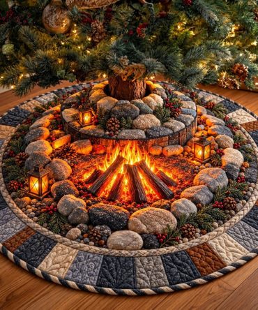 Stone Campfire Rustic Tree Skirt - Custom-Made Outdoor-Themed Holiday Skirt With Rock Fireplace Design & Durable Cotton Blend