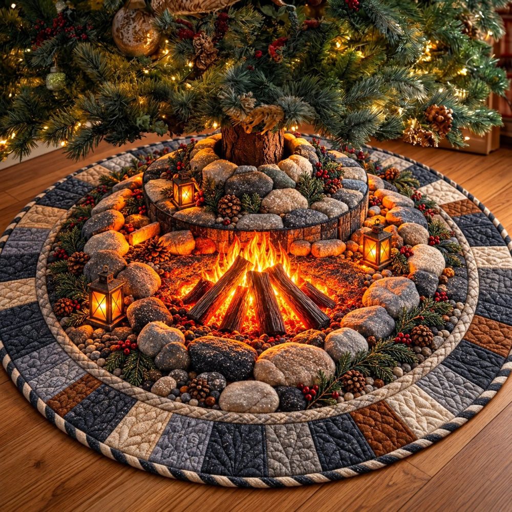 Stone Campfire Rustic Tree Skirt - Custom-Made Outdoor-Themed Holiday Skirt With Rock Fireplace Design & Durable Cotton Blend