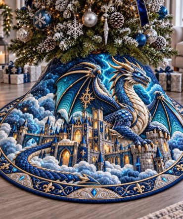 Epic Storm Dragon Citadel Fantasy Christmas Tree Skirt — Dark Fantasy Holiday Mat, Handcrafted Embroidery, Custom Sizes & Collector Quality
