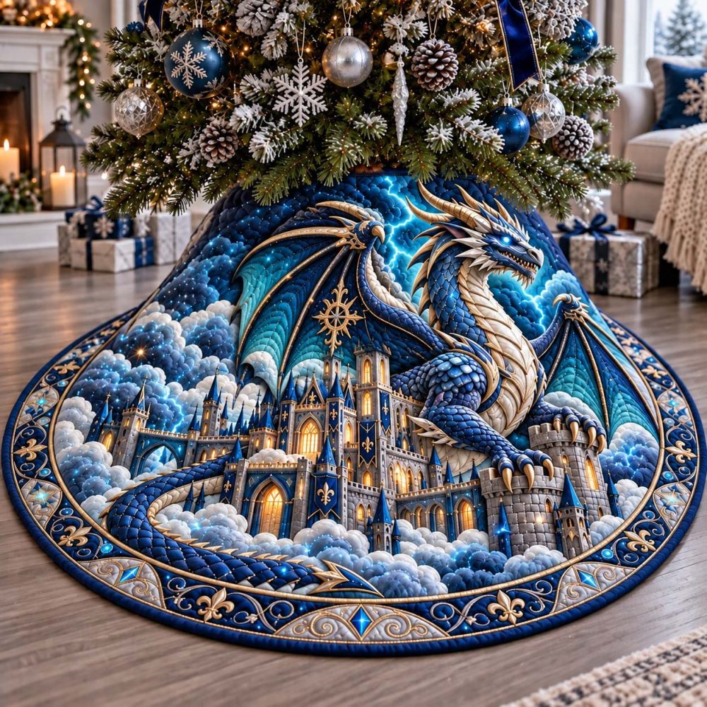 Epic Storm Dragon Citadel Fantasy Christmas Tree Skirt — Dark Fantasy Holiday Mat, Handcrafted Embroidery, Custom Sizes & Collector Quality