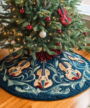 Stringed Symphony Festive Tree Skirt — Handmade Orchestral Christmas Base Cover, Custom Musical Holiday Décor