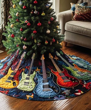 Strum Vision Musical Christmas Tree Skirt — Custom Instrument-Themed Holiday Base Cover, Handmade Festive Décor