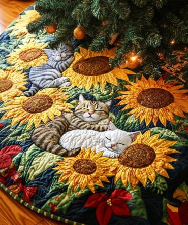 Sunflower Serenade Holiday Tree Skirt — Handmade Floral Christmas Base Cover, Custom Sunflower Festive Decoration
