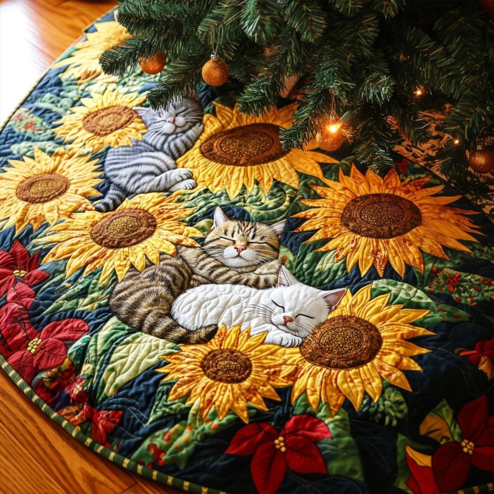 Sunflower Serenade Holiday Tree Skirt — Handmade Floral Christmas Base Cover, Custom Sunflower Festive Decoration