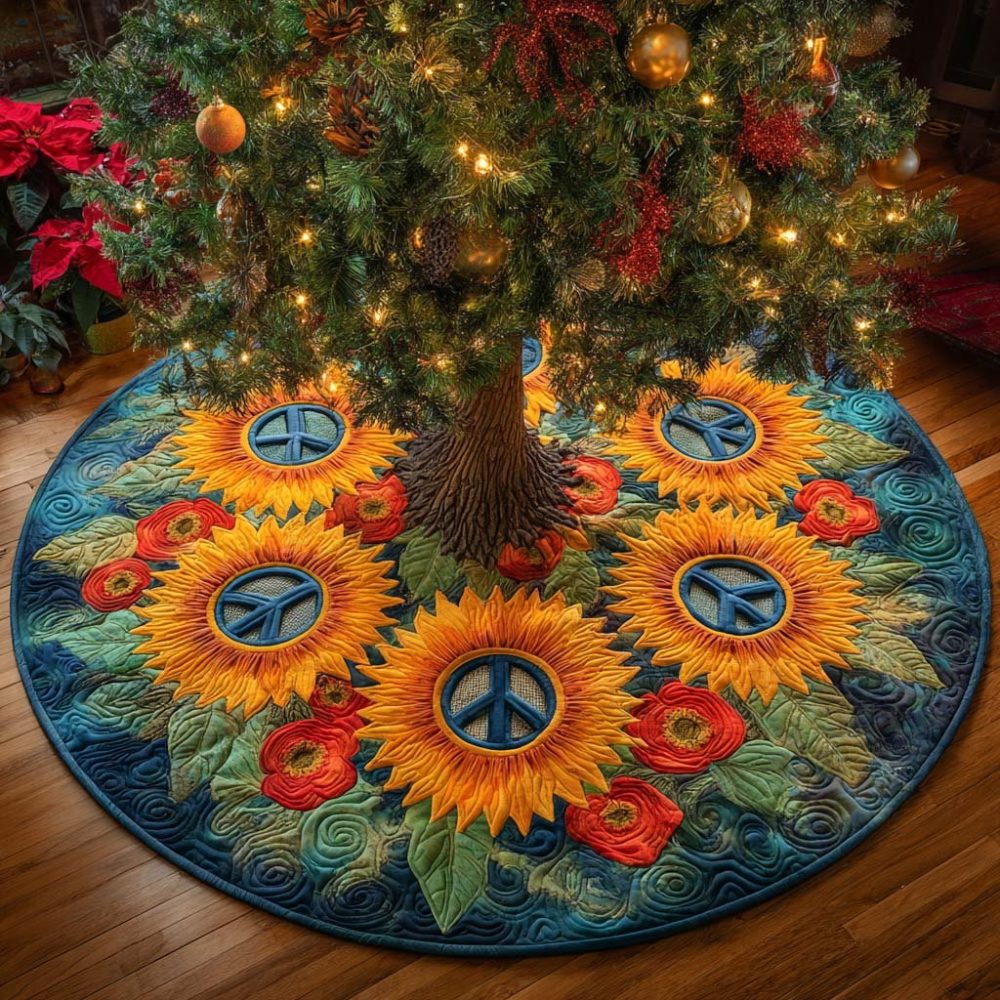 Sunflower Spirit Bright Holiday Tree Skirt — Handmade Floral Christmas Tree Skirt With Vibrant Sunflower Design, Custom Sizes & Personalization