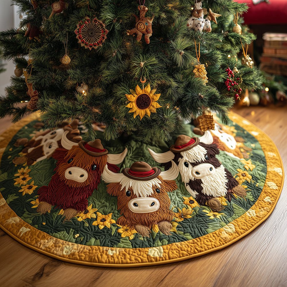 Sunny Moo Farmhouse Christmas Tree Skirt — Custom Cow-Themed Holiday Base Cover, Handmade Rustic Festive Decor
