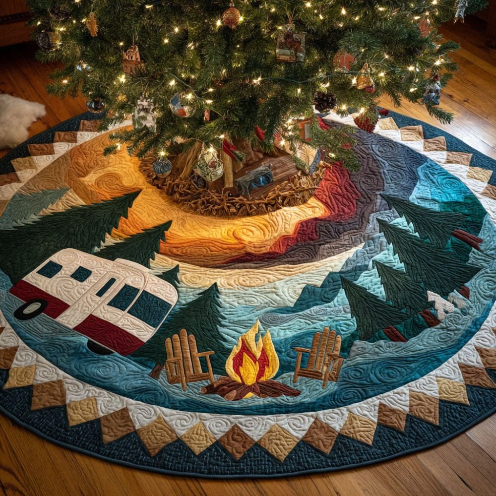 Sunset Camper Retro Christmas Tree Skirt — Custom Vintage Camper Holiday Tree Base Cover, Outdoor-Inspired Handmade Décor, Personalized
