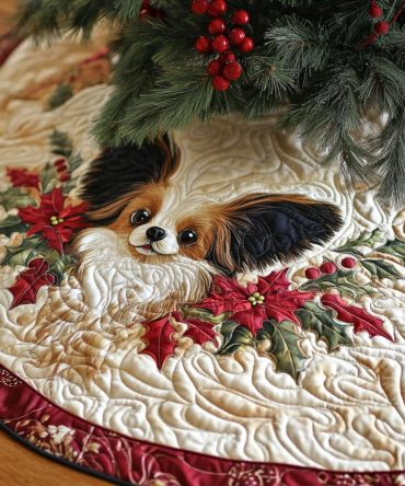 Papillon Sunshine Holiday Tree Skirt — Custom Papillon Dog Christmas Tree Base Cover, Bright Breed Design, Handmade Pet Lover Gift