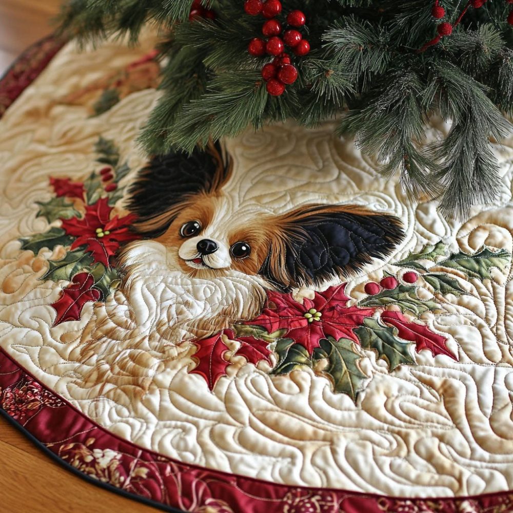 Papillon Sunshine Holiday Tree Skirt — Custom Papillon Dog Christmas Tree Base Cover, Bright Breed Design, Handmade Pet Lover Gift