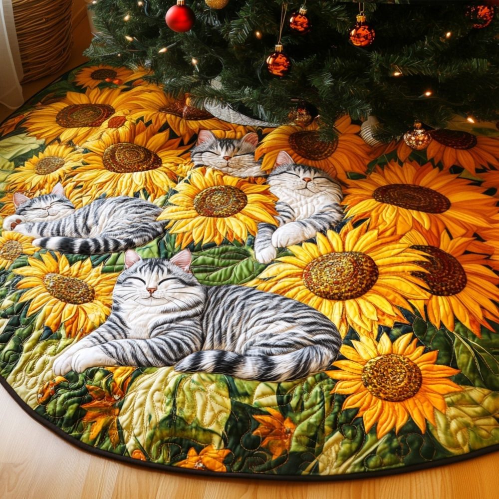 Sunshine & Whiskers Cat Christmas Tree Skirt — Custom Bright Feline Holiday Tree Base Cover, Handmade Cat Lover Gift With Personalization
