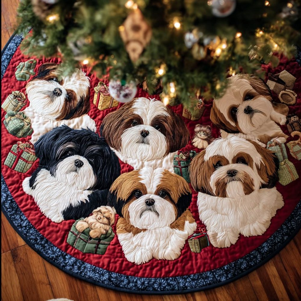 Shih Tzu Holiday Tree Skirt — Custom Shih Tzu Dog Christmas Tree Base Cover, Plush Personalized Pet Lover Decoration, Handmade