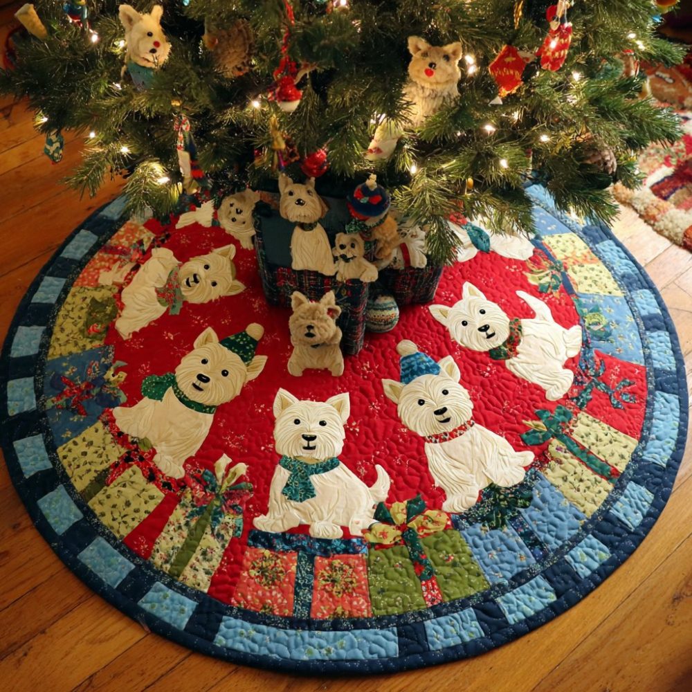 Westie Holiday Tree Skirt — Custom West Highland Terrier Christmas Tree Base Cover, Handmade Pet-Themed Holiday Decor, Gift Ready