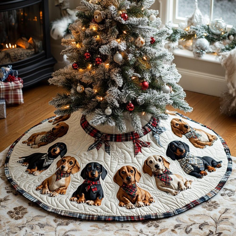 Tartan Doxie Cheer Tree Skirt - Made-To-Order Dachshund Plaid Holiday Skirt, Playful Doxie Design & Durable, Custom Sizes