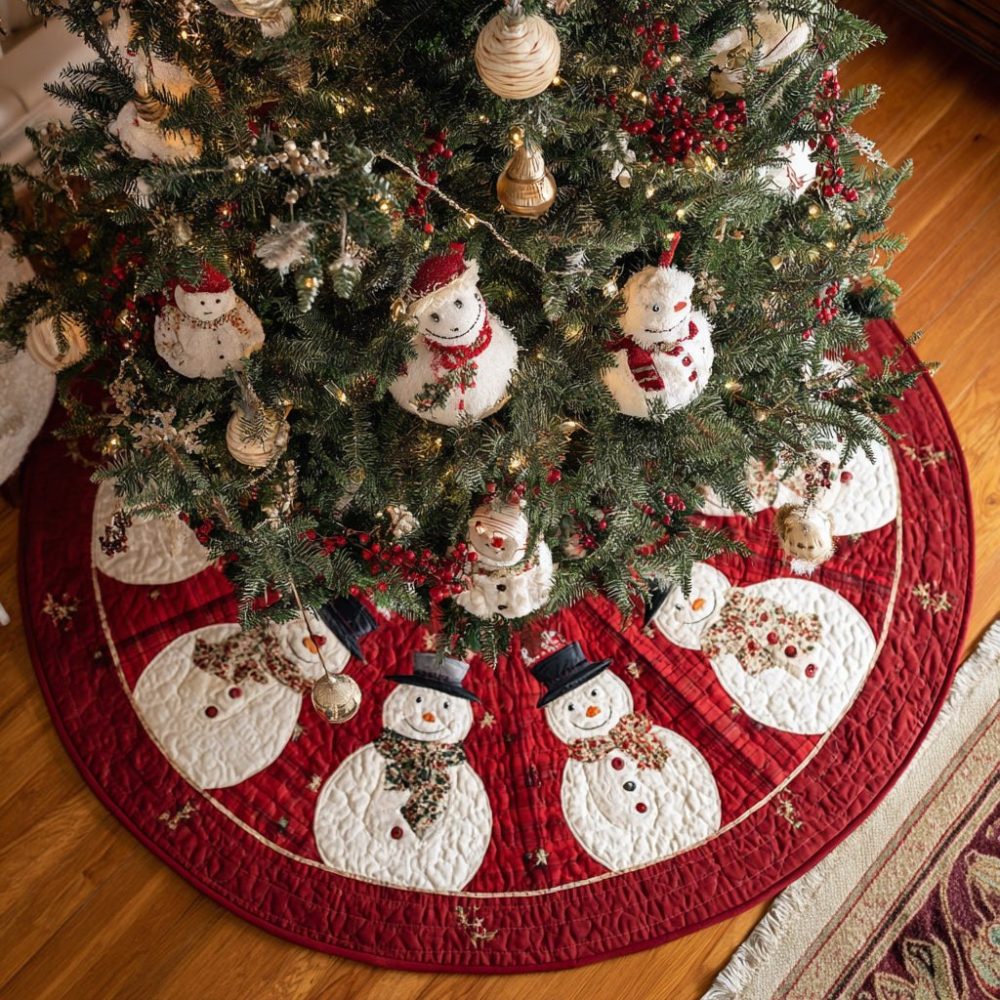 Tartan Snowman Plaid Tree Skirt - Made-To-Order Classic Plaid Holiday Skirt With Cheerful Snowman Appliqué & Cozy Fabric
