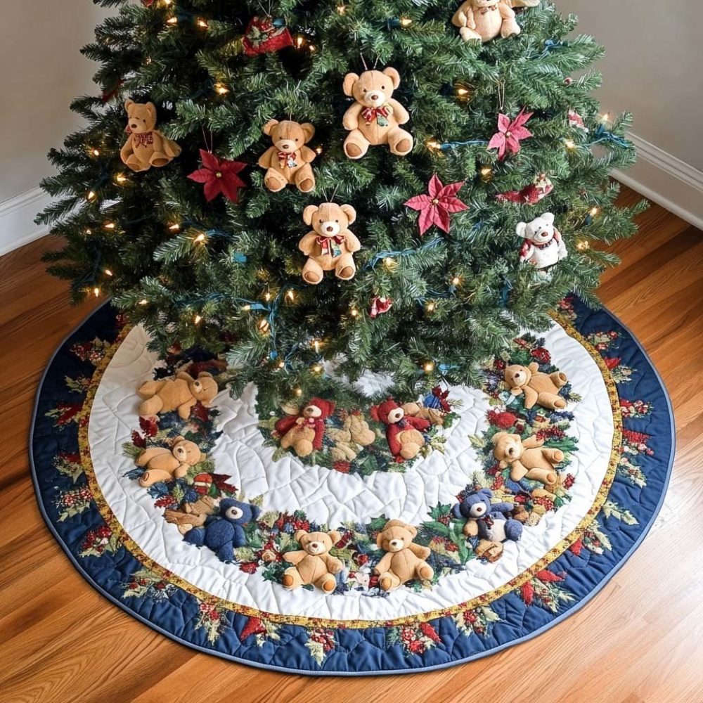 Teddy Bear Wonderland Tree Skirt - Made-To-Order Soft Plush Kids' Christmas Skirt With Adorable Teddy Motifs & Machine Washable Fabric