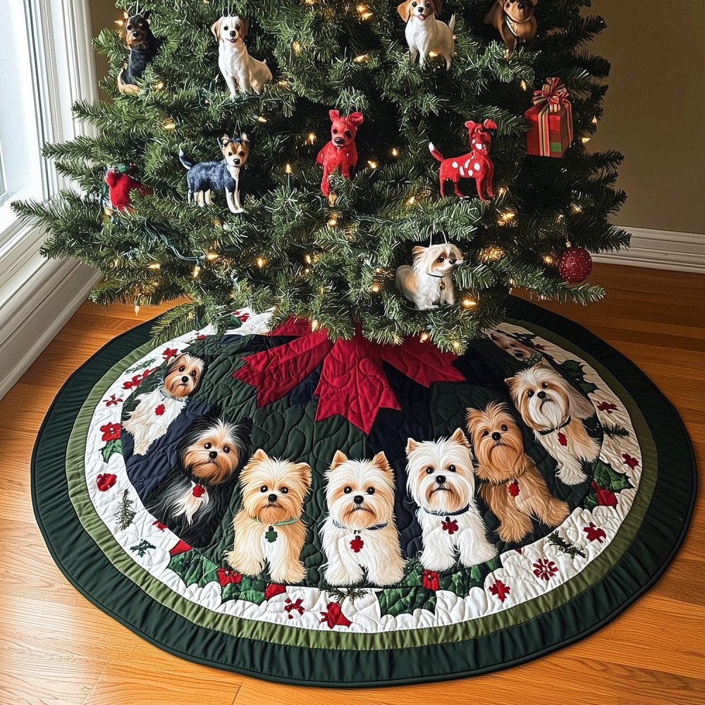 Terrier Christmas Charm Tree Skirt - Made-To-Order Cute Canine Motifs, Durable Fabric & Easy Care For Holiday Pet Homes