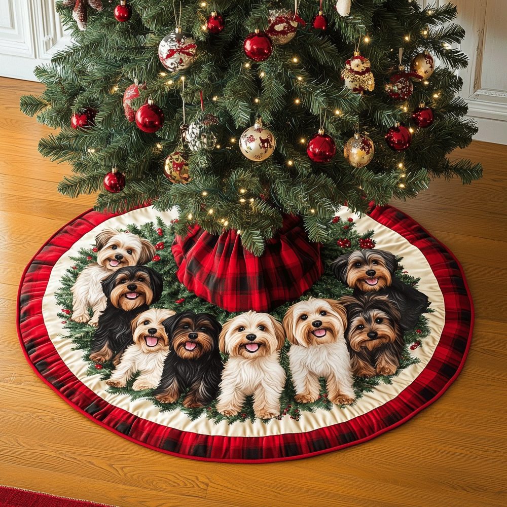 Terrier Tails Festive Tree Skirt - Made-To-Order Dog Lover'S Christmas Skirt With Cute Terrier Illustrations & Soft Backing