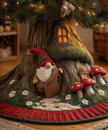 Cozy Gnome Den Holiday Tree Skirt - Made-To-Order Whimsical Gnome Design, Soft Plush Fabric & Child-Friendly, Festive Accent