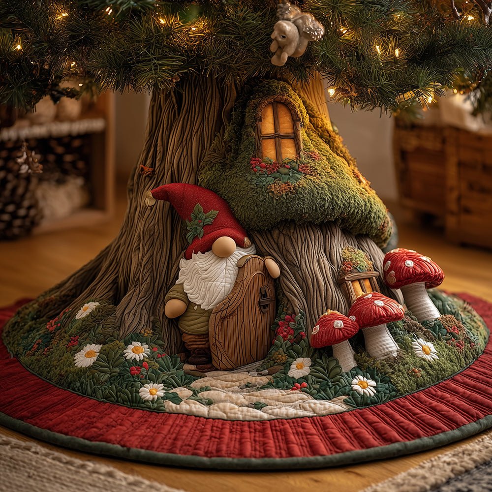 Cozy Gnome Den Holiday Tree Skirt - Made-To-Order Whimsical Gnome Design, Soft Plush Fabric & Child-Friendly, Festive Accent