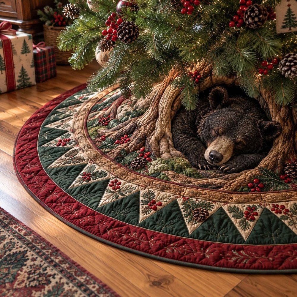 Enchanted Tree Hollow Holiday Tree Skirt — Custom Handmade Festive Forest Design, Soft Plush Backing, Gift-Ready