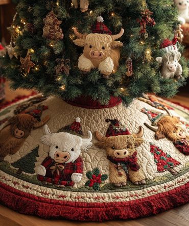 Jolly Heifers Holiday Tree Skirt - Made-To-Order Farmhouse Charm With Cow Motifs, Rustic Fabrics & Cozy Country Style