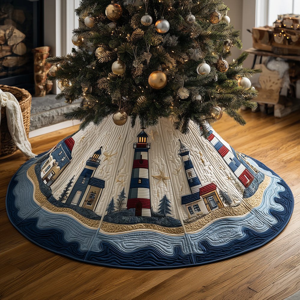 Lighthouse Village Holiday Tree Skirt - Made-To-Order Nautical Christmas Decor, Coastal Village Motifs & Durable Fabric