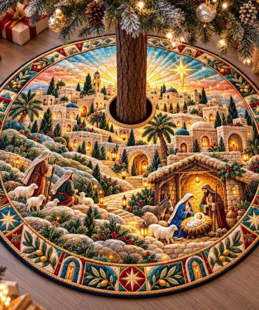 Three Kings Journey Premium Christmas Tree Skirt — Handpainted Nativity-Inspired Holiday Skirt, Custom Sizing Available