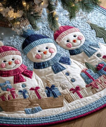 Three Snow Friends Cute Tree Skirt — Handmade Snowmen Christmas Tree Skirt, Customizable Names, Whimsical Holiday Decor For Family Homes