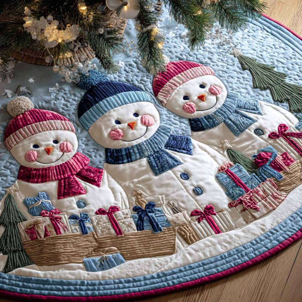 Three Snow Friends Cute Tree Skirt — Handmade Snowmen Christmas Tree Skirt, Customizable Names, Whimsical Holiday Decor For Family Homes