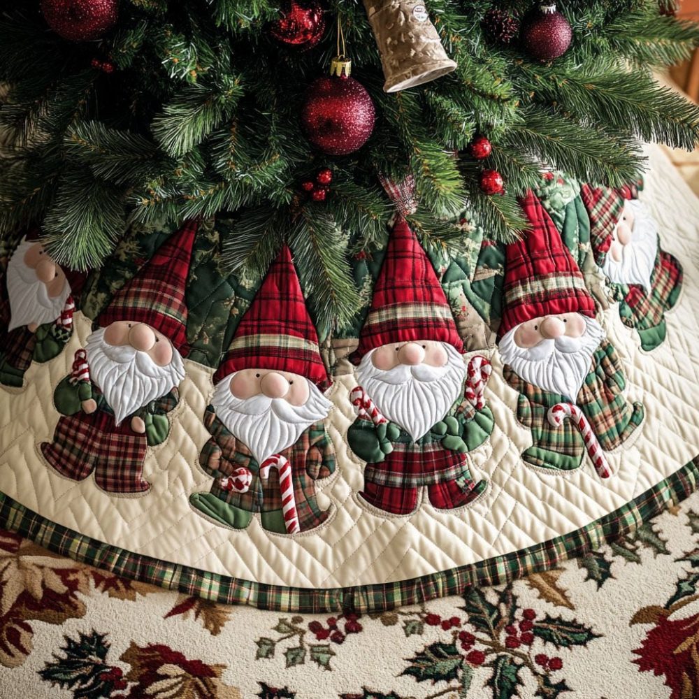 Tiding Joy Festive Tree Skirt - Handmade Custom Made-To-Order Christmas Tree Skirt With Joyful Holiday Pattern, Plush Backing For Floor Protection