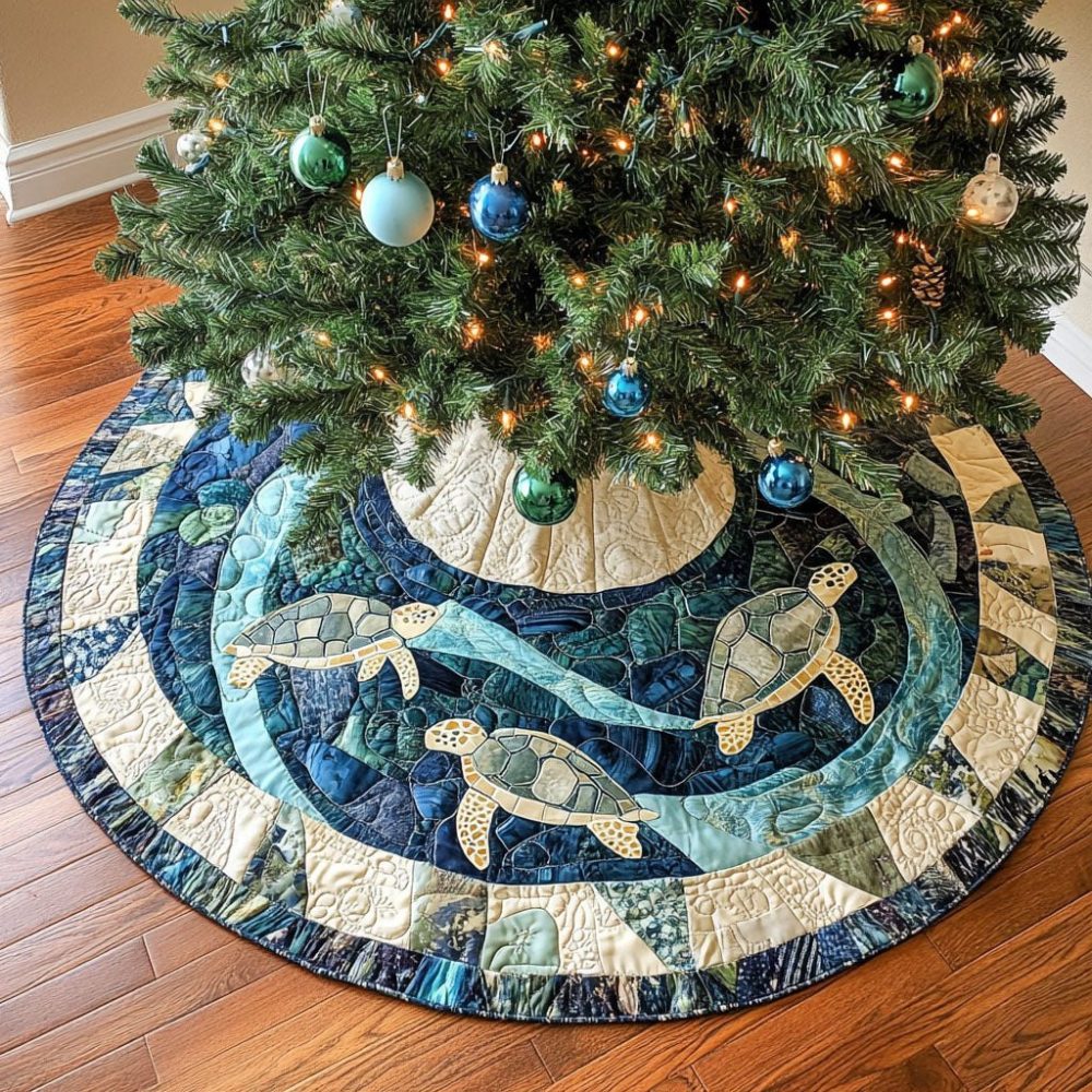 Tidings Turtle Coastal Christmas Tree Skirt - Handmade Custom Made-To-Order Holiday Skirt With Whimsical Turtle Motif For Beachy Festive Decor