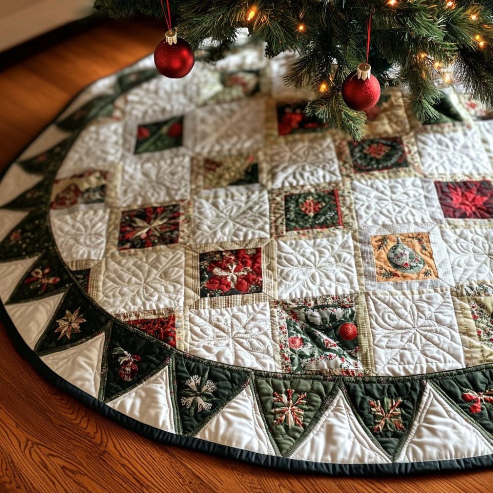 Tinsel Glow Illuminated Tree Skirt - Handmade Custom Made-To-Order Christmas Tree Skirt With Metallic Tinsel Accents And Soft Velvet Backing