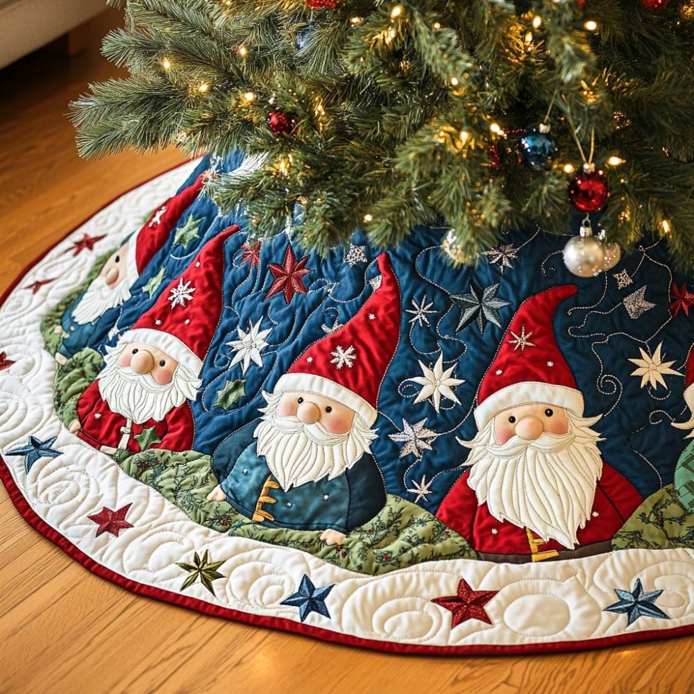 Tinsel Gnomes Festive Tree Skirt - Handmade Custom Made-To-Order Christmas Tree Skirt With Adorable Gnome Design, Soft Plush Base