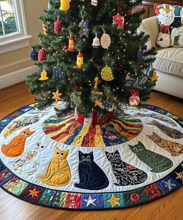 Tinsel Tail Treats Playful Tree Skirt - Handmade Custom Made-To-Order Christmas Tree Skirt Featuring Whimsical Treats And Pet-Friendly Design